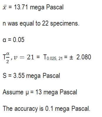 x = 13.71 mega Pascal n was equal to 22 specimens. α = 0.05 T-, v = 21-T0025, 2,--2.080 S 3.55 mega Pascal Assume 13 mega Pascal The accuracy is 0.1 mega Pascal