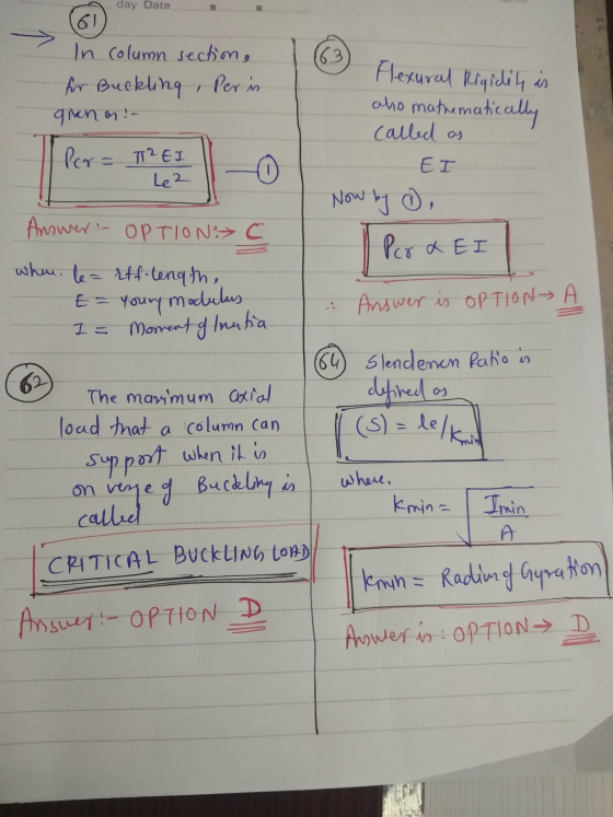 day Date 63 In column section, for Buckling Per is given on :- Flexural Rigidity is aho mathematically called as Per = ²EI o