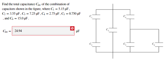 Find the total capacitance Cot of the combination of capacitors shown in the figure, where G-5.15 μΡ. and C-6-15.0 μF 0 Ciot24.94