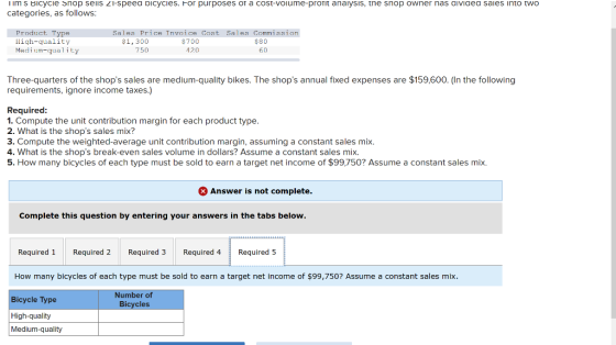 Tim s Bicycle Snop sells 21-speea Dicycies. For purposes of a cost-volume-prorit analysis, the snop owner nas aiviaea sales i
