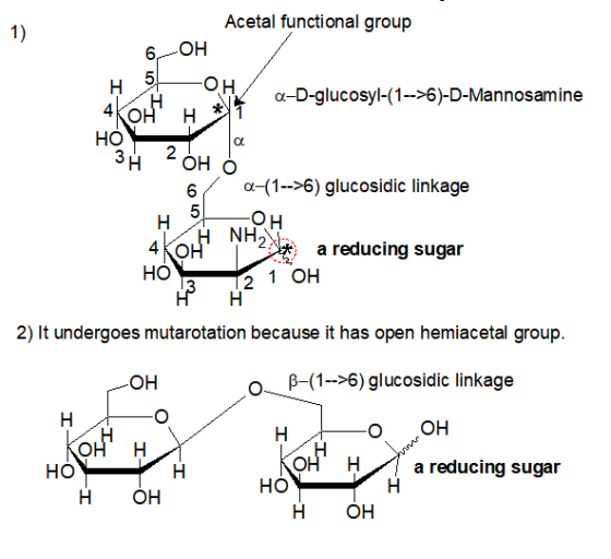 Acetal functional group 6 ОН , он а -D-glucosyl-(1-->6)-D-Mannosamine 4 он на нен 2 оно la 6. и 5 а-(1-->6) glucosidic linkag