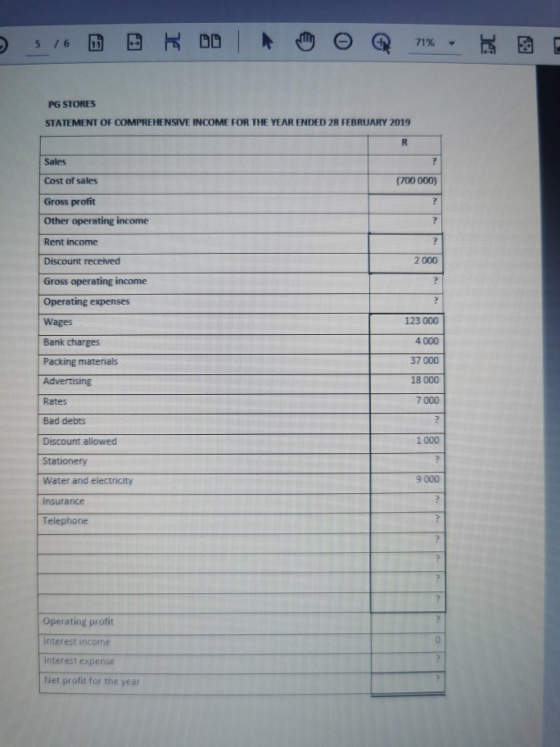 5 / 6 | טם - 71% 14 PG STORES STATEMENT OF COMPREHENSIVE INCOME FOR THE YEAR ENDED 28 FEBRUARY 2019 R Sales ? Cost of sales (