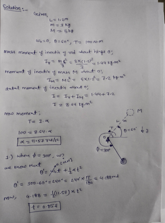 Solution :- Griven, L = 1.2m m=3kg M = 5kg 100 N-m 3 W.=0, 0=60°, T- mass moment of inertia of rod about hinge og Ig=me 3x (1