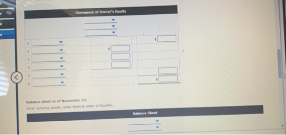 Statement of Owners Equity Balance sheet as of November 30: When entering assets, enter them in order of liquidity, Balance