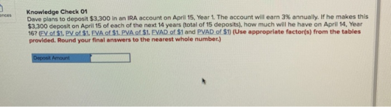 3 ances Knowledge Check 01 Dave plans to deposit $3,300 in an IRA account on April 15, Year 1. The account will earn 3% annua