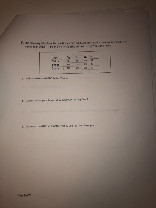 1. The following data show the quantity of items produced in an economy during Year 0 (0) and during Year 1 (Q.). Po and P, d