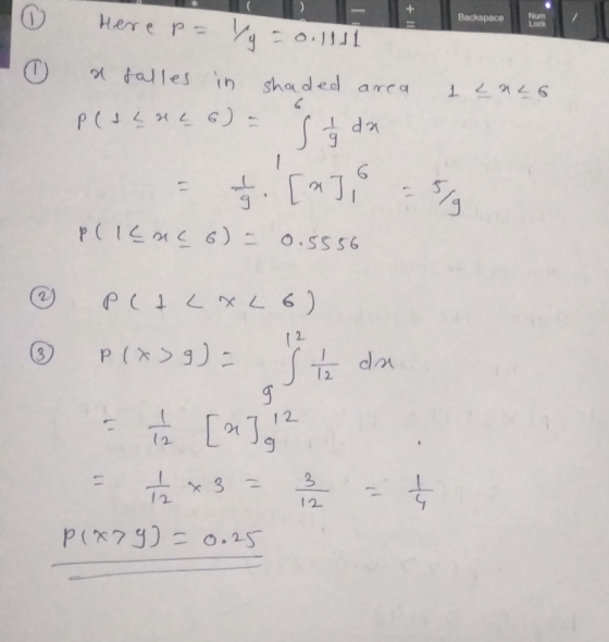 Backspace Num Lock 10 - here pa yg = 01111 a falles in shaded area 12a26 petene 6) = a da = [m] =59 plene 6) = 0.5556 ② pctcx
