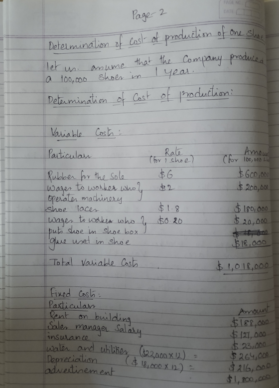 PAGE NO Page 2 Determination of cost of production of one shoes let un anume to me that the Company produced a 100,000 shoer