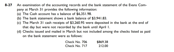 8-27 An examination of the accounting records and the bank statement of the Evans Com- pany at March 31 provides the followin