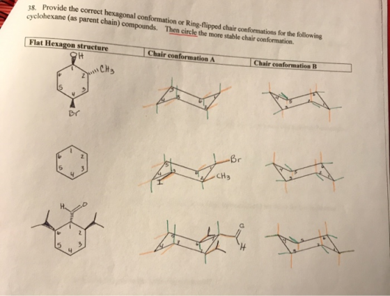 28. Provide the correct hexagonal conformation or Ring-flipped chair conformations for the following cyclohexane (as parent c