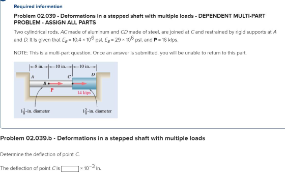 Required information Problem 02.039 - Deformations in a stepped shaft with multiple loads - DEPENDENT MULTI-PART PROBLEM - AS