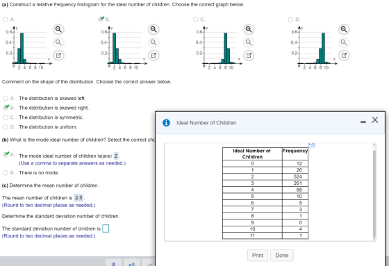 (a) Construct a relative frequency histogram for the ideal number of children. Choose the correct graph below. OA B. OC. 0.67
