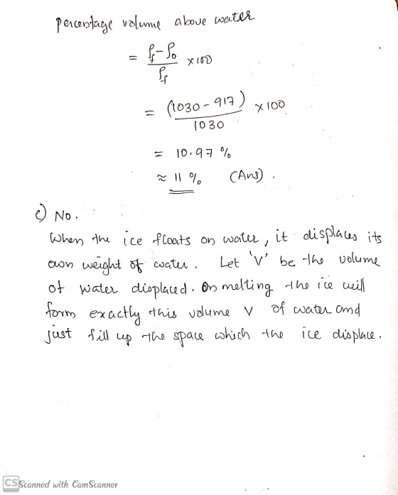 percentage volume above water f-Po X100 an (1030-917) X100 1030 = 10.97% ñ 11% Cans) e it No. When the ice floats on water, d