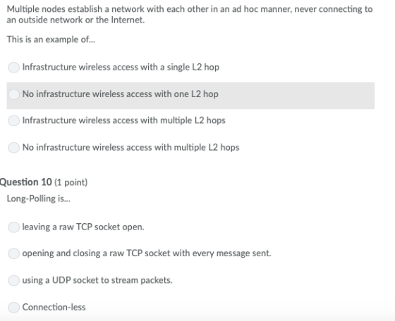 Multiple nodes establish a network with each other in an ad hoc manner, never connecting to an outside network or the Interne