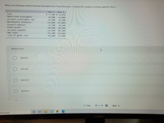 Refer to the following selected financial information from Texas Electronics, Compute the companys working capital for Year