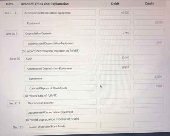 Date Account Titles and Explanation Debit Credit Jan. 1 Accumulated Depreciation-Equipment 65320 Equipment 65320 June 30+ Dep