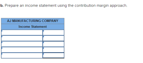 b. Prepare an income statement using the contribution margin approach. AJ MANUFACTURING COMPANY Income Statement