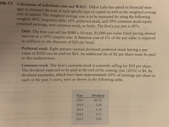 P9-17 Calculation of individual costs and WACC Dillon Labs has asked its financial man- ager to measure the cost of each spec