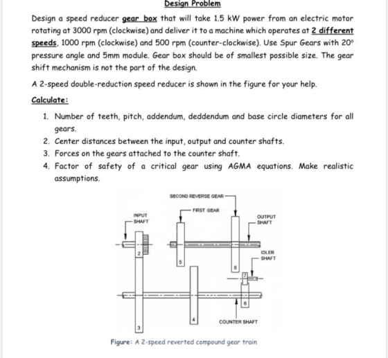 Design Problem Design a speed reducer gear box that will take 1.5 kW power from an electric motor rotating at 3000 rpm (clock