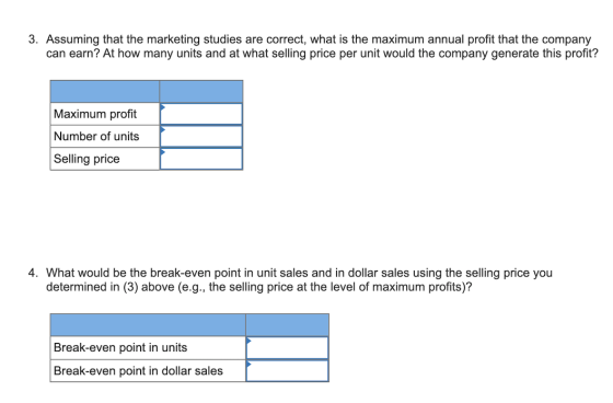 3. Assuming that the marketing studies are correct, what is the maximum annual profit that the company can earn? At how many