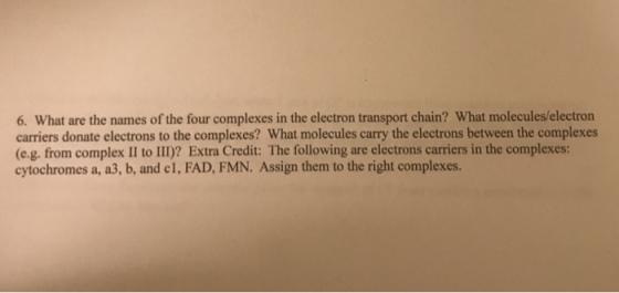 6. What are the names of the four complexes in the electron transport chain? What molecules/electron carriers donate electrons to the complexes? What molecules carry the electrons between the complexes (e.g. from complex II to III)? Extra Credit: The following are electrons carriers in the complexes: cytochromes a, a3, b, and cl, FAD, FMN. Assign them to the right complexes.