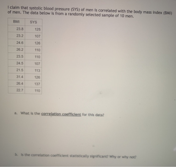 I claim that systolic blood pressure (SYS) of men is correlated with the body mass index (BMI) of men. The data below is from