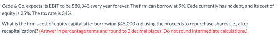 Cede & Co. expects its EBIT to be $80,343 every year forever. The firm can borrow at 9%. Cede currently has no debt, and its