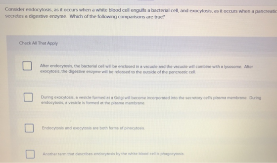 Consider endocytosis, as it occurs when a white blood cell engulfs a bacterial cell, and exocytosis, as it occurs when a panc