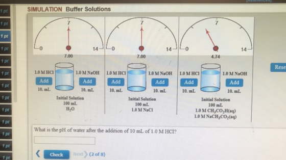 1 pt SIMULATION Buffer Solutions 1 pt 1 pt 1 pt 14LO 7.00 1 pt Rese 1.pt 1.0 MHCI 1.0 M NaOH 1.0 MHCI Add Add Add 1 pt 10. mL