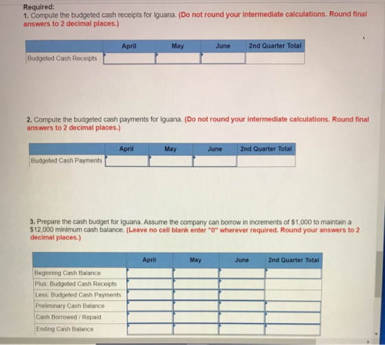 Required: 1. Compute the budgeted cash receipts for Iguana. (Do not round your intermediate calculations. Round final answers