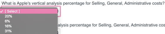 What is Apples vertical analysis percentage for Selling, General, Administrative costs? ✓ [Select ] 20% 6% 16% alysis percen