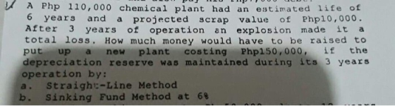 A Php 110,000 chemical plant had an estimated life of 6 years and a projected scrap value of Php10,000. After 3 years of oper