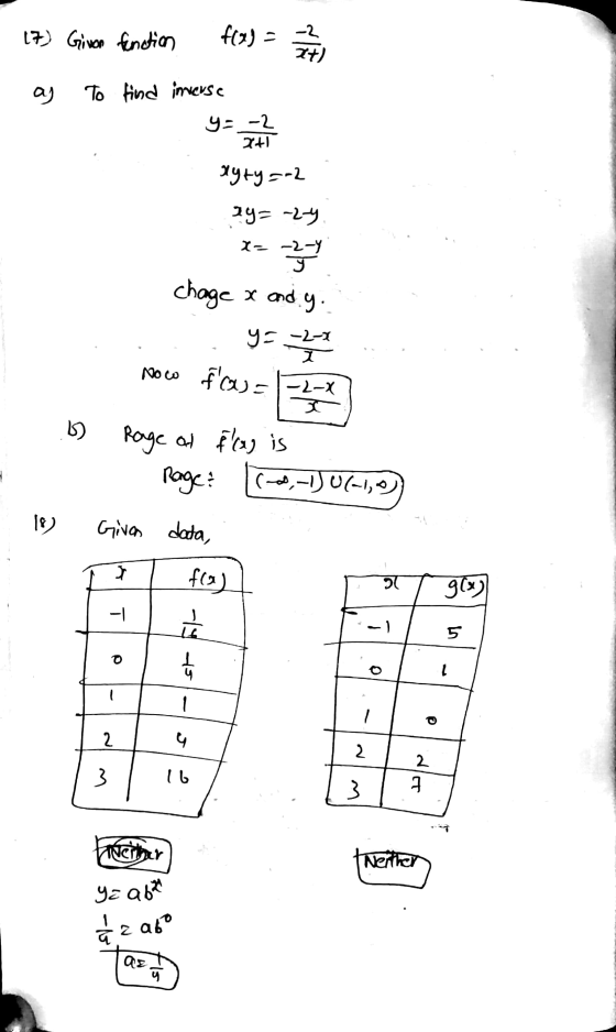 17) Givor function f(x) = 224 -2 7+) aj To find inverse y = -2 2+1 xyty=-2 ay= -29 x= -2-Y x= -2 chage x and y. y=-2-2 f(x)=