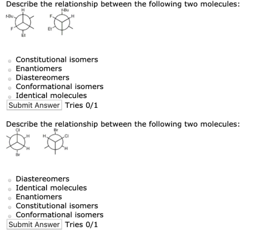Describe the relationship between the following two molecules: Н t-Bu t-Bu. H Et Et Constitutional isomers Enantiomers Diaste