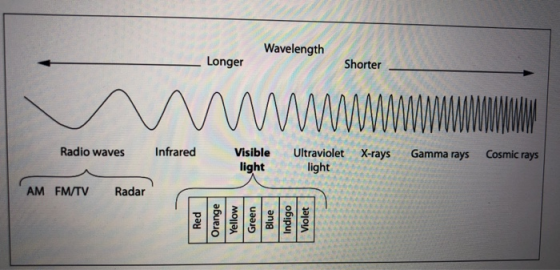 Wavelength Longer Shorter Cosmic rays Gamma rays Ultraviolet X-rays light Visible Infrared Radio waves light Radar AM FM/TV
