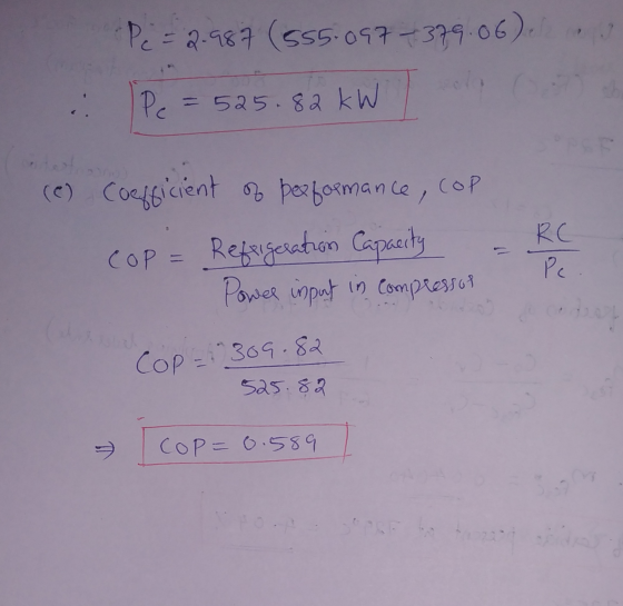 Pe = 2.987 (555:097-379.06). .: Pc = 525.82 kW (e) Coefficient of performance, cop Cop= Refrigeration Capacity RC Pc. RE Powe