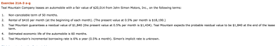 Exercise 21A-3 а-g Teal Mountain Company leases an automobile with a fair value of $20,014 from John Simon Motors, Inc., on t