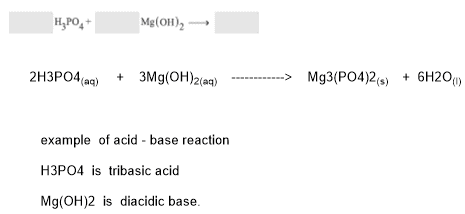 H2PO4 + Mg(OH), 2H3PO4 (aq) + 3Mg(OH)2(aq) --------> Mg3(PO4)2(s) + 6H2O) example of acid-base reaction H3PO4 is tribasic aci