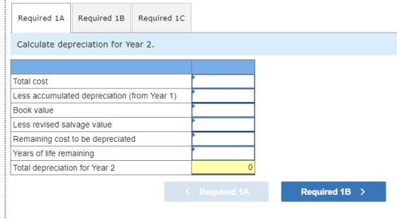 Required 1A Required 1B Required 10 Calculate depreciation for Year 2. Total cost Less accumulated depreciation (from Year 1)