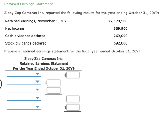 Retained Earnings Statement Zippy Zap Cameras Inc. reported the following results for the year ending October 31, 20Y9: Retai