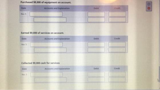 Purchased $8,000 of equipment on account. Date Accounts and Explanation Debit Credit Nov.5 Earned $9,000 of services on accou