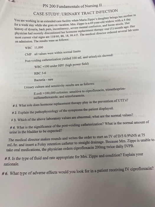 PN 200 Fundamentals of Nursing II CASE STUDY: URINARY TRACT INFECTION You are working in an extended care fa for a week stay
