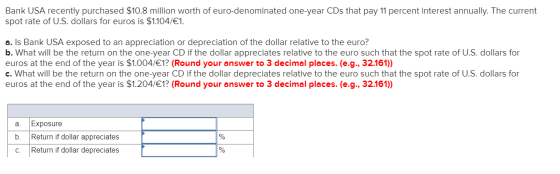 Bank USA recently purchased $10.8 million worth of euro-denominated one-year CDs that pay 11 percent interest annually. The c