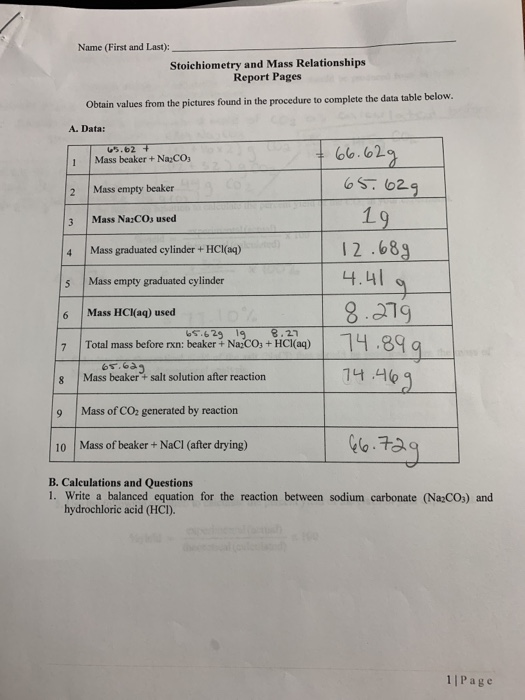 Name (First and Last): Stoichiometry and Mass Relationships Report Pages Obtain values from the pictures found in the procedu