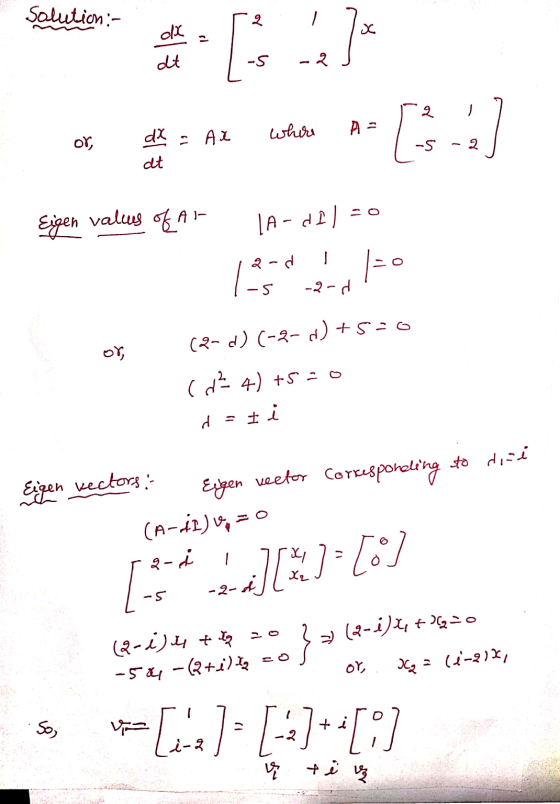 solution:- २ dx x - dt -S -2 2 بق A dX whore or, - AX -S 2 at Eigen values of An LA-df) Kad |=0 o -2-d or, (2-0) (-9- +5=0 c?