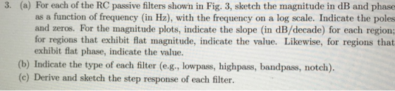 3. (a) For each of the RC passive filters shown in Fig. 3, sketch the magnitude in dB and phase as a function of frequency (i