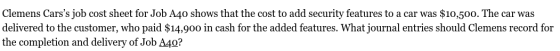 Clemens Carss job cost sheet for Job A40 shows that the cost to add security features to a car was $10,500. The car was deli