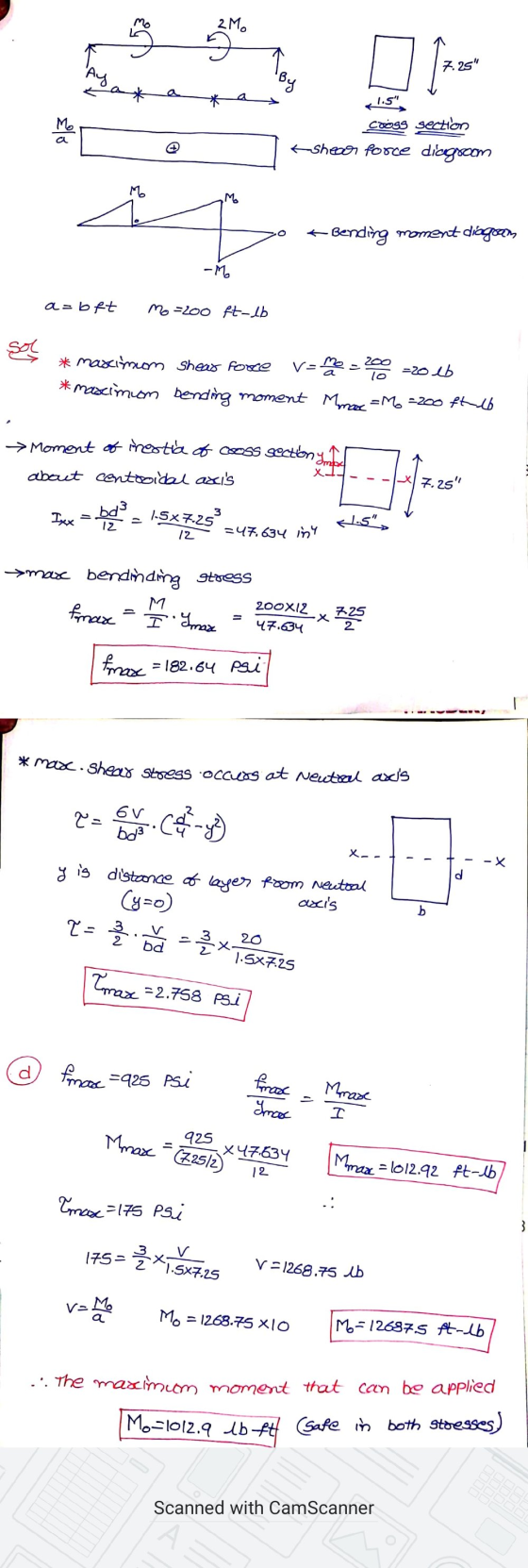 mo 2M. 7.25 Ач By * * a 1.5 Mo a cross section Ksheer force dicgroom Mo Mo 14 — Bending moment diagon -Mo a=bft Mo=200 ft-