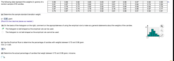 T 0.82 The following data represent the weights (in grams) of a random sample of 50 candies. 0.89 0.87 0.87 0.84 0.95 0.81 0.