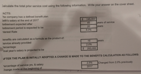 Calculate the total prior service cost using the following information. Write your answer on the cover sheet. $ 145,000 FACTS